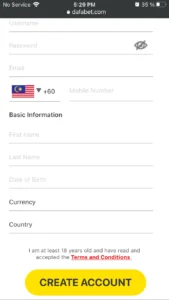 Dafabet register screen